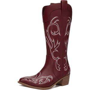 🆕Women Red Western Cowgirl Embroidered Pointed Toe Chunky Heel Mid Calf Boots